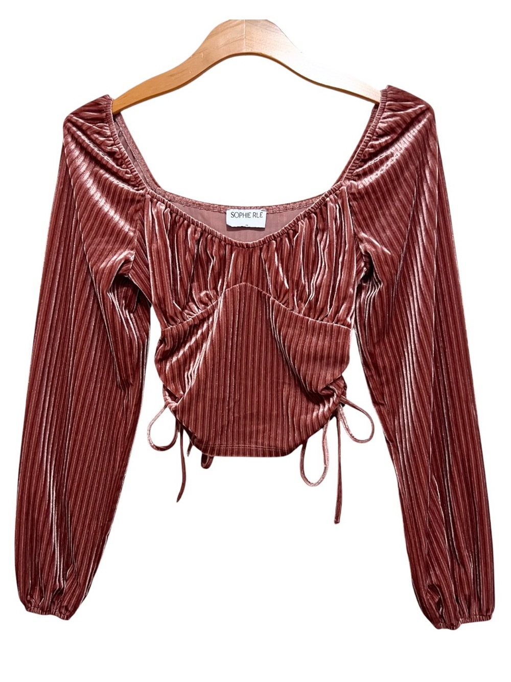 Sophie Rue Crop Top Ruched Velvet Long Sleeve XS Milkmaid Coquette Euro Festival